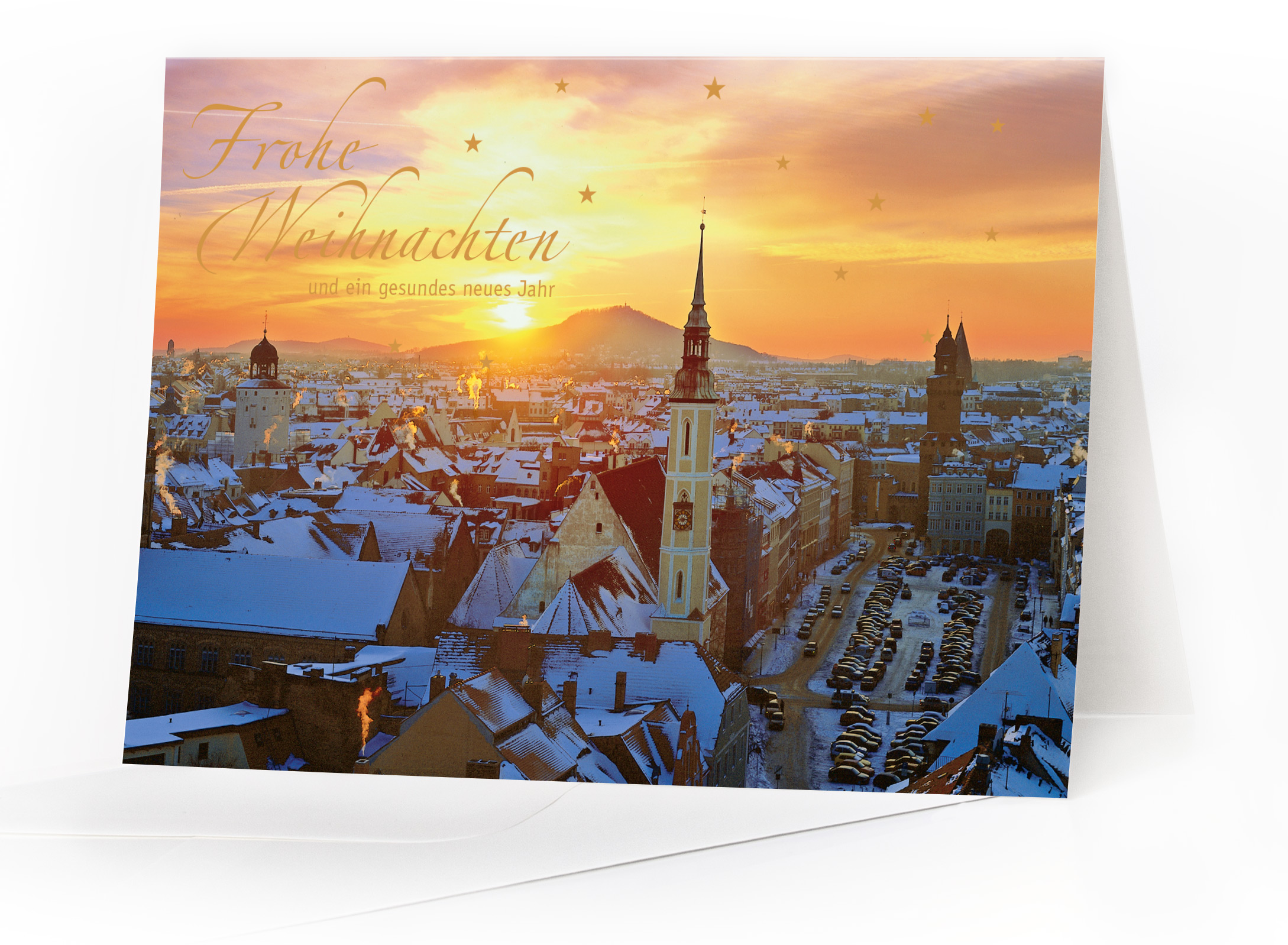 Weihnachtskarte Görlitz – Winterliches Panorama mit Goldfolienprägung
