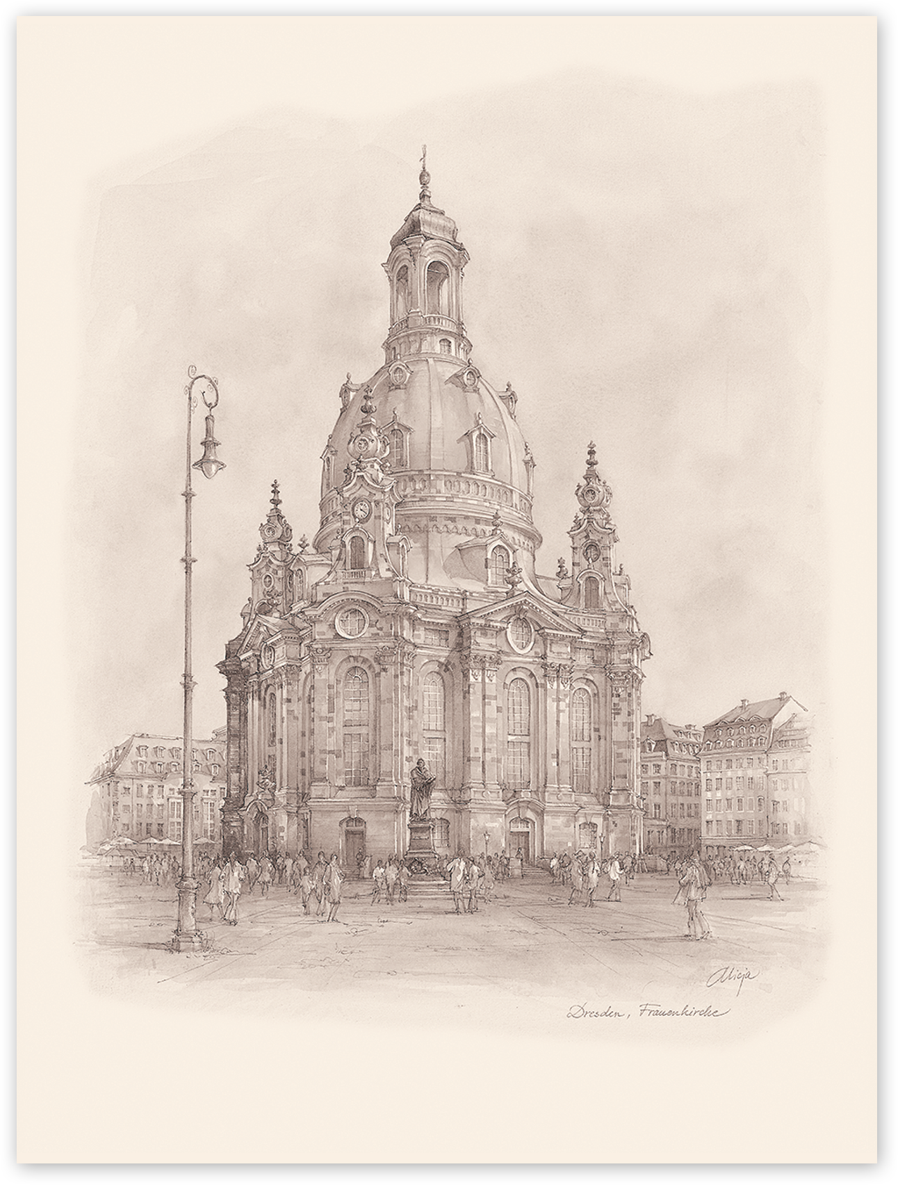 Magnet Dresden – Aquarell Frauenkirche in Sepia
