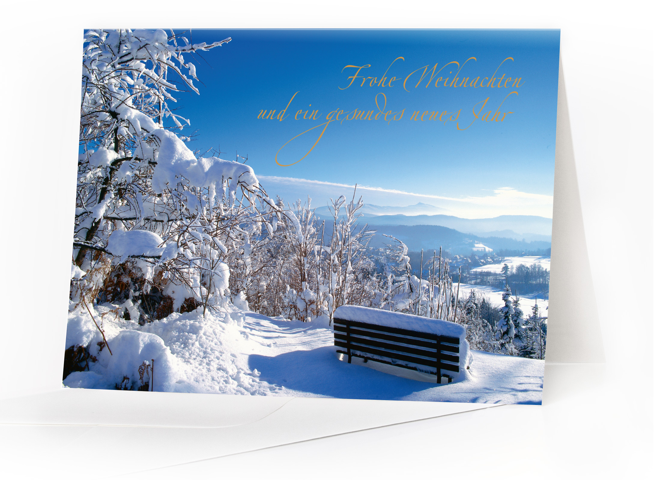 Weihnachtskarte Oberlausitz – Winterlandschaft mit Goldfolienprägung