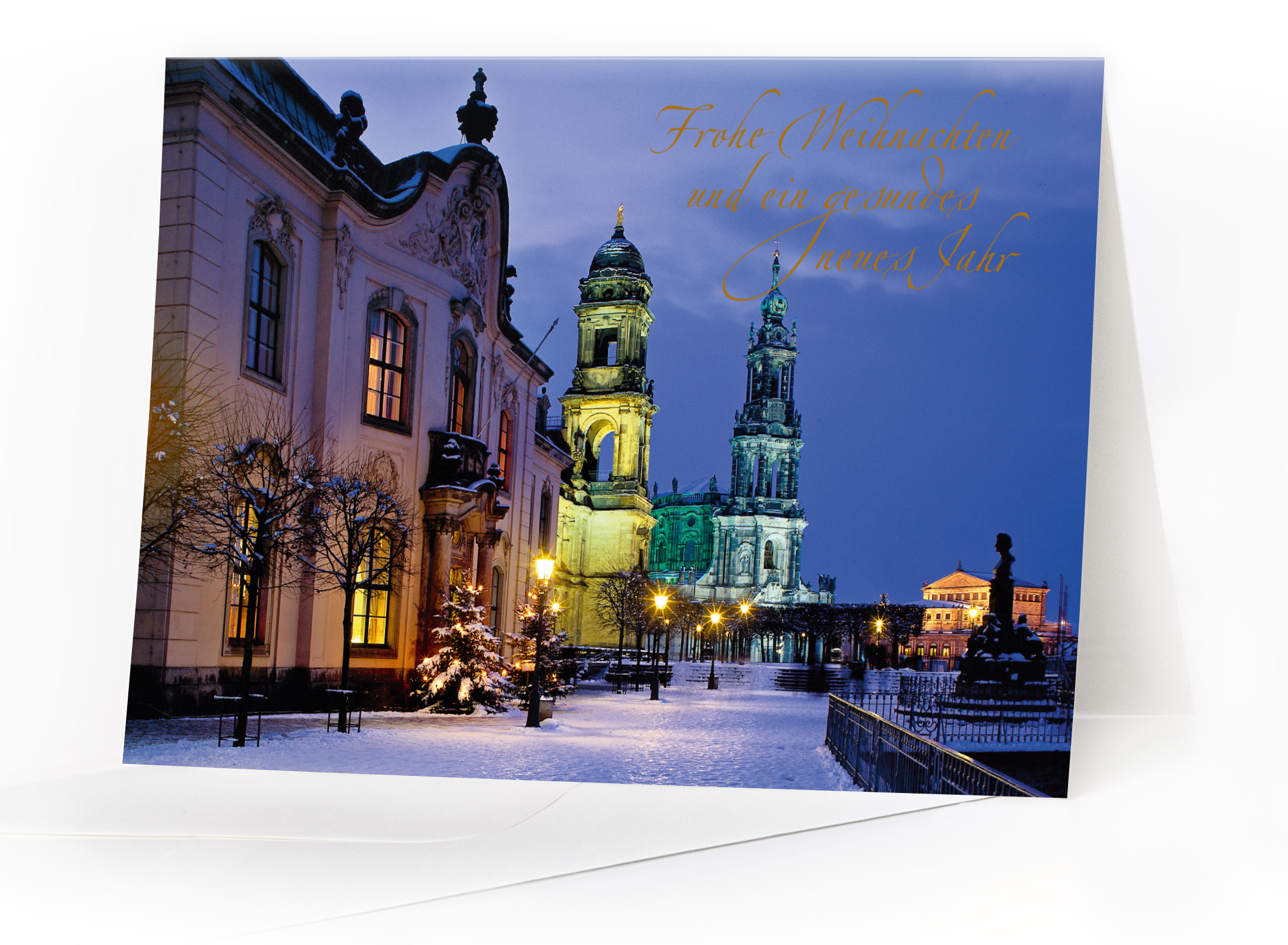 Weihnachtskarte Dresden – Brühlsche Terrasse mit Goldfolienprägung