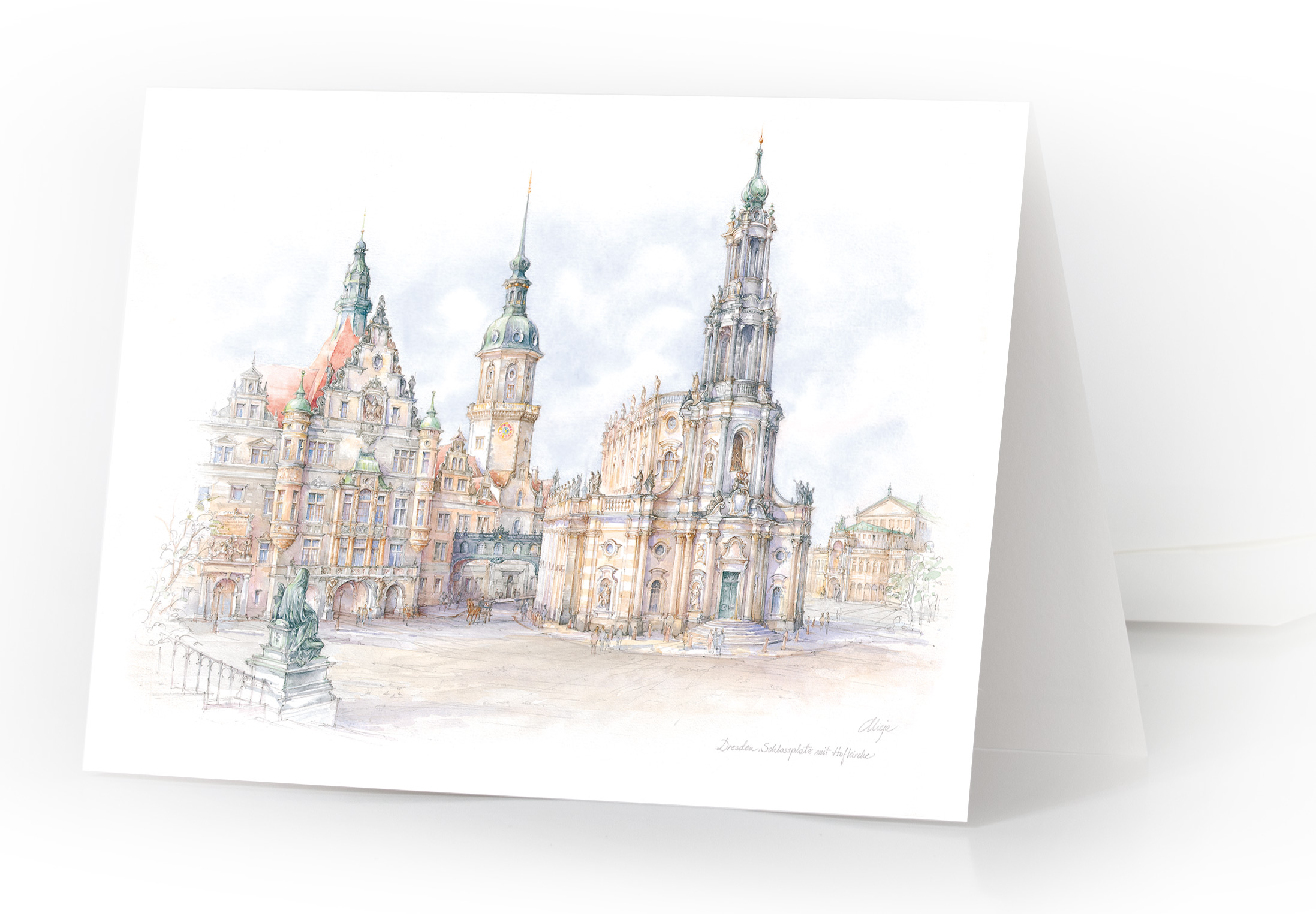 Aquarellkarte Dresden – Schlossplatz mit Hofkirche
