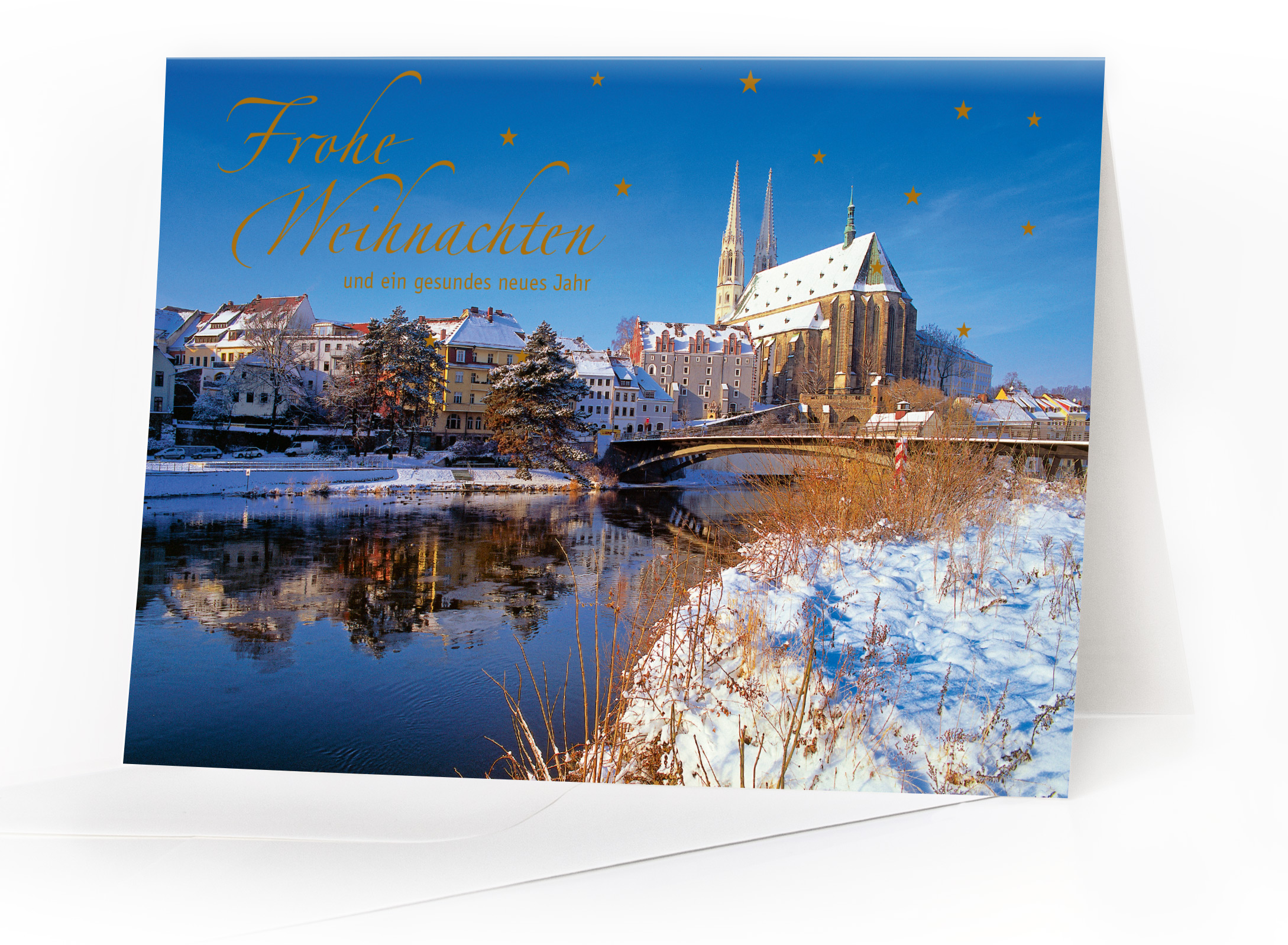 Weihnachtskarte Görlitz – Blick über die Neiße zur Peterskirche mit Goldfolienprägung