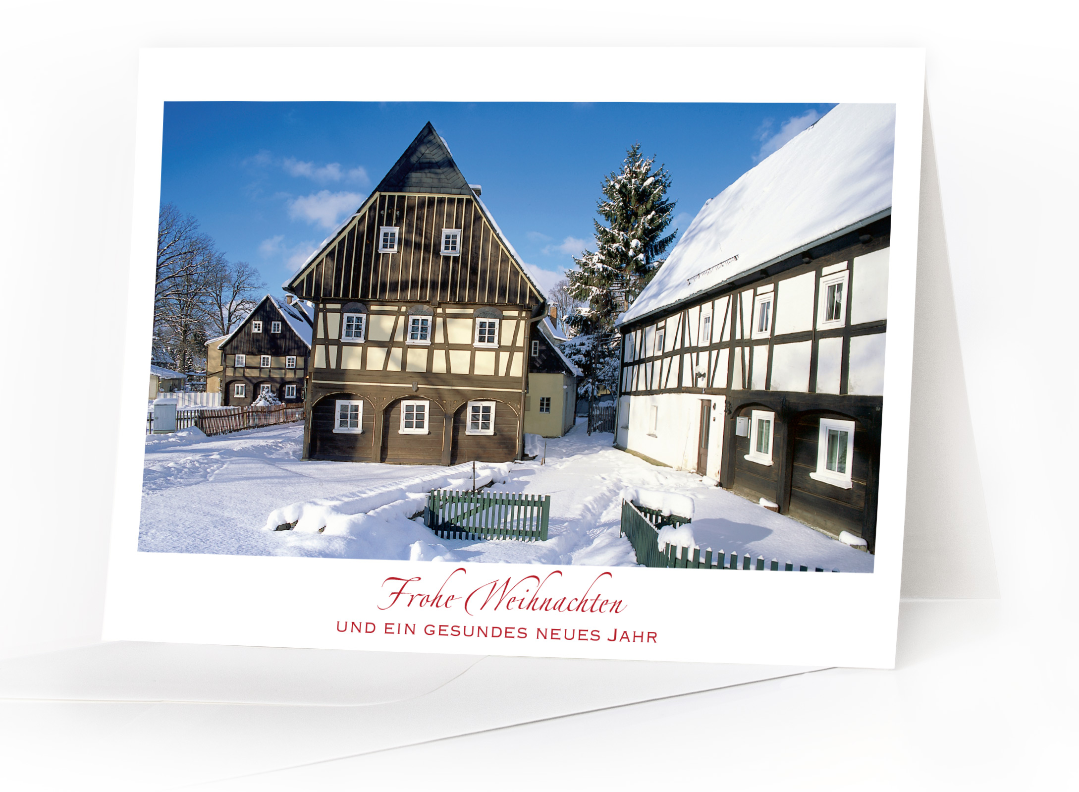 Weihnachtskarte Oberlausitz – Winterliches Umgebindehaus