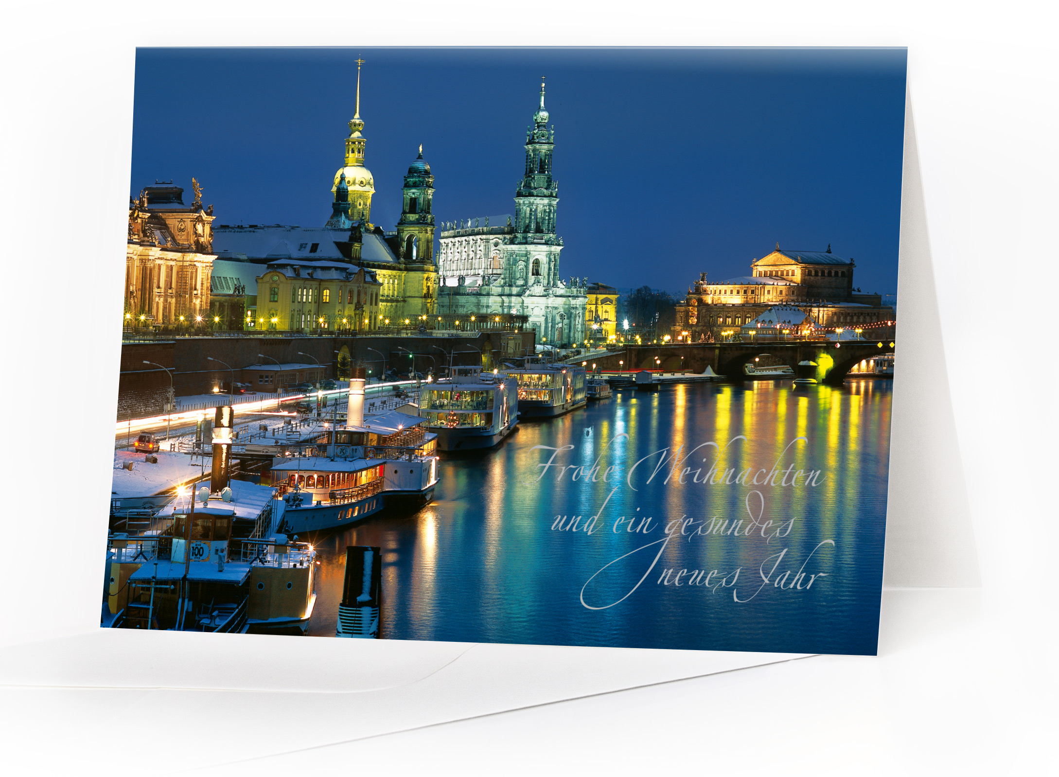 Weihnachtskarte Dresden – Altstadtpanorama mit Silberfolienprägung