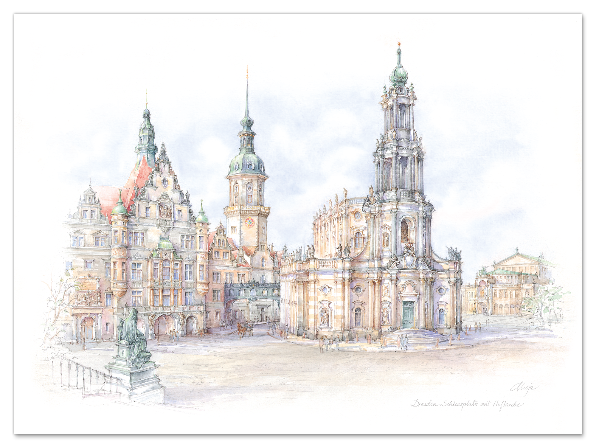 Aquarell Dresden – Schlossplatz mit Hofkirche