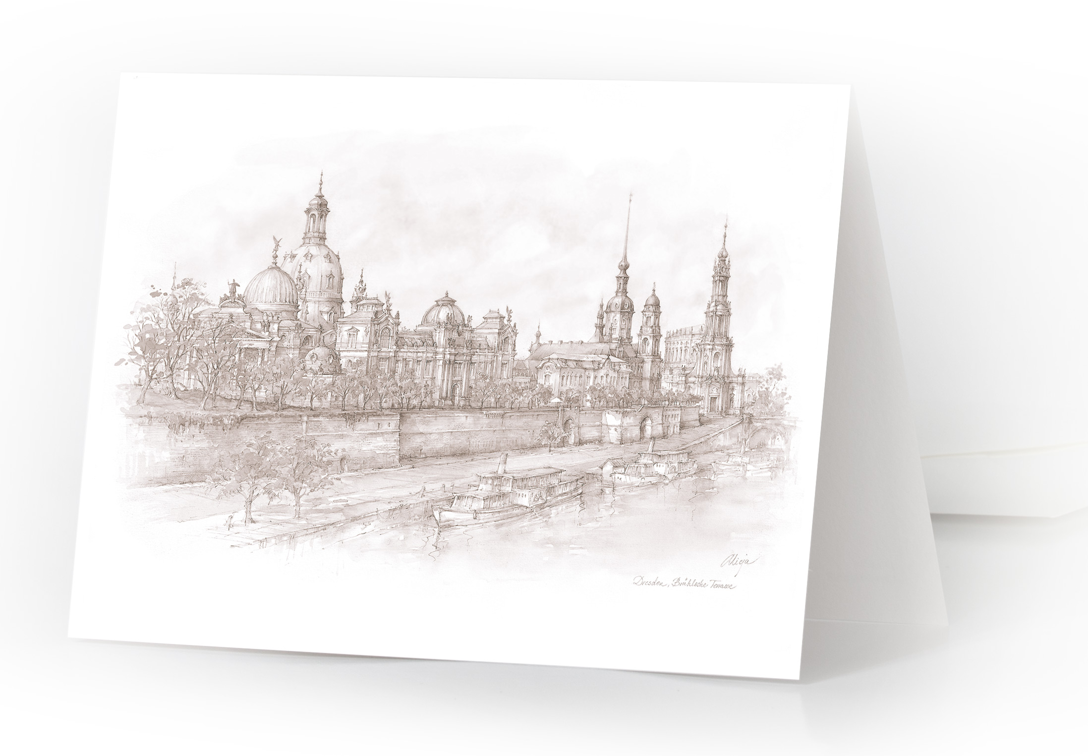 Aquarellkarte Dresden – Brühlsche Terrasse (Schwarz-Weiß)