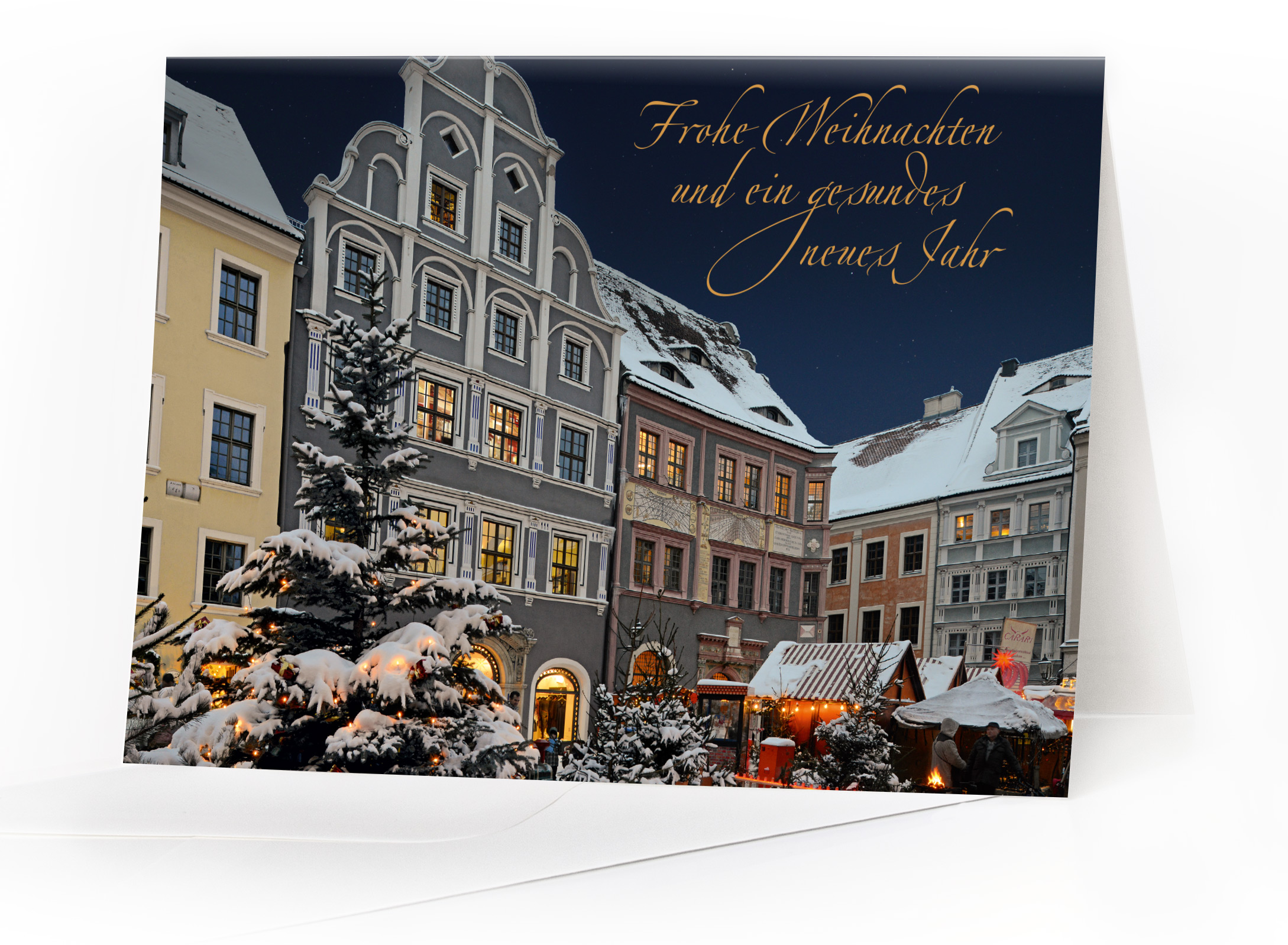 Weihnachtskarte Görlitz – Advent am Untermarkt mit Goldfolienprägung