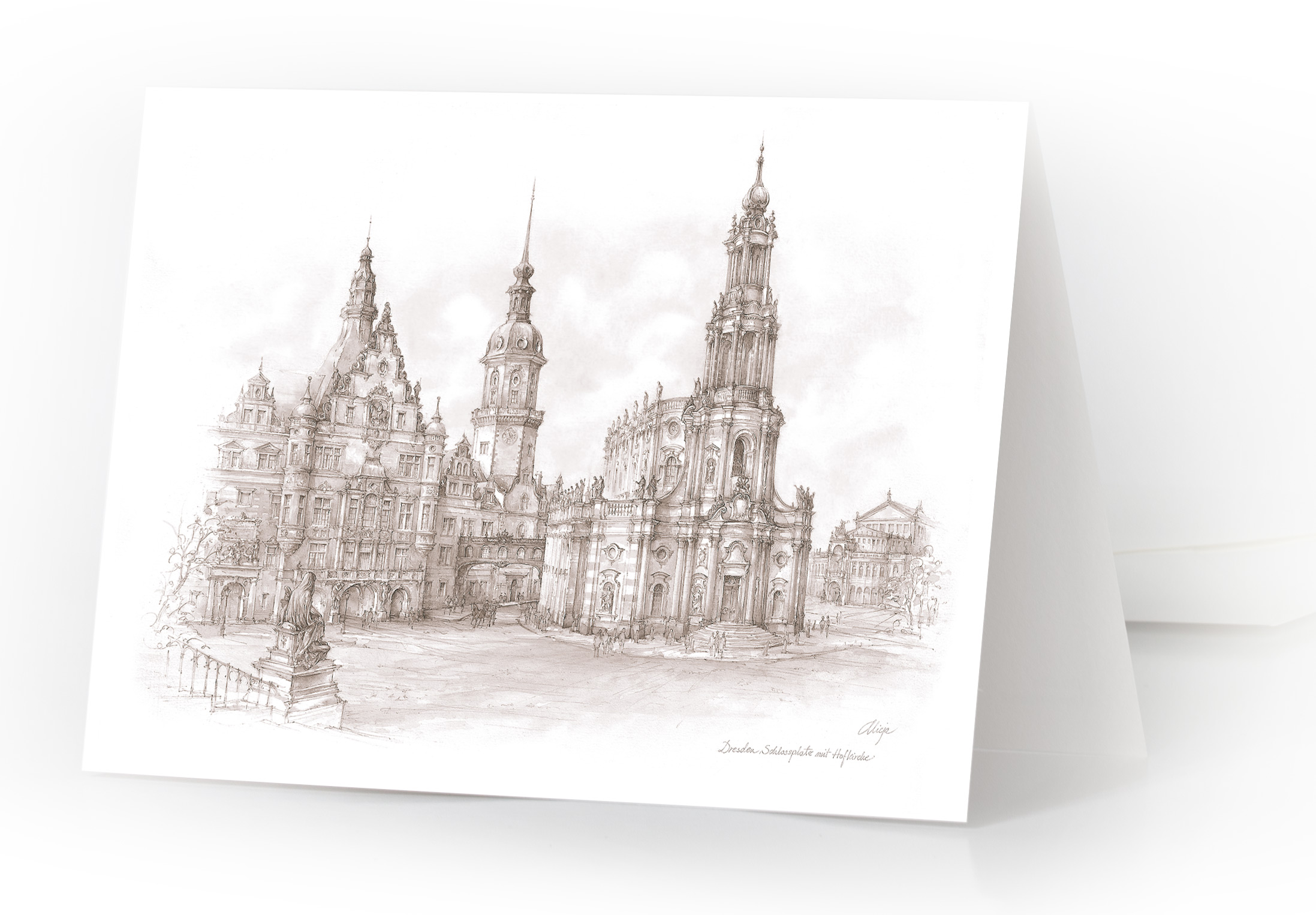 Aquarellkarte Dresden – Schlossplatz mit Hofkirche (Schwarz-Weiß)