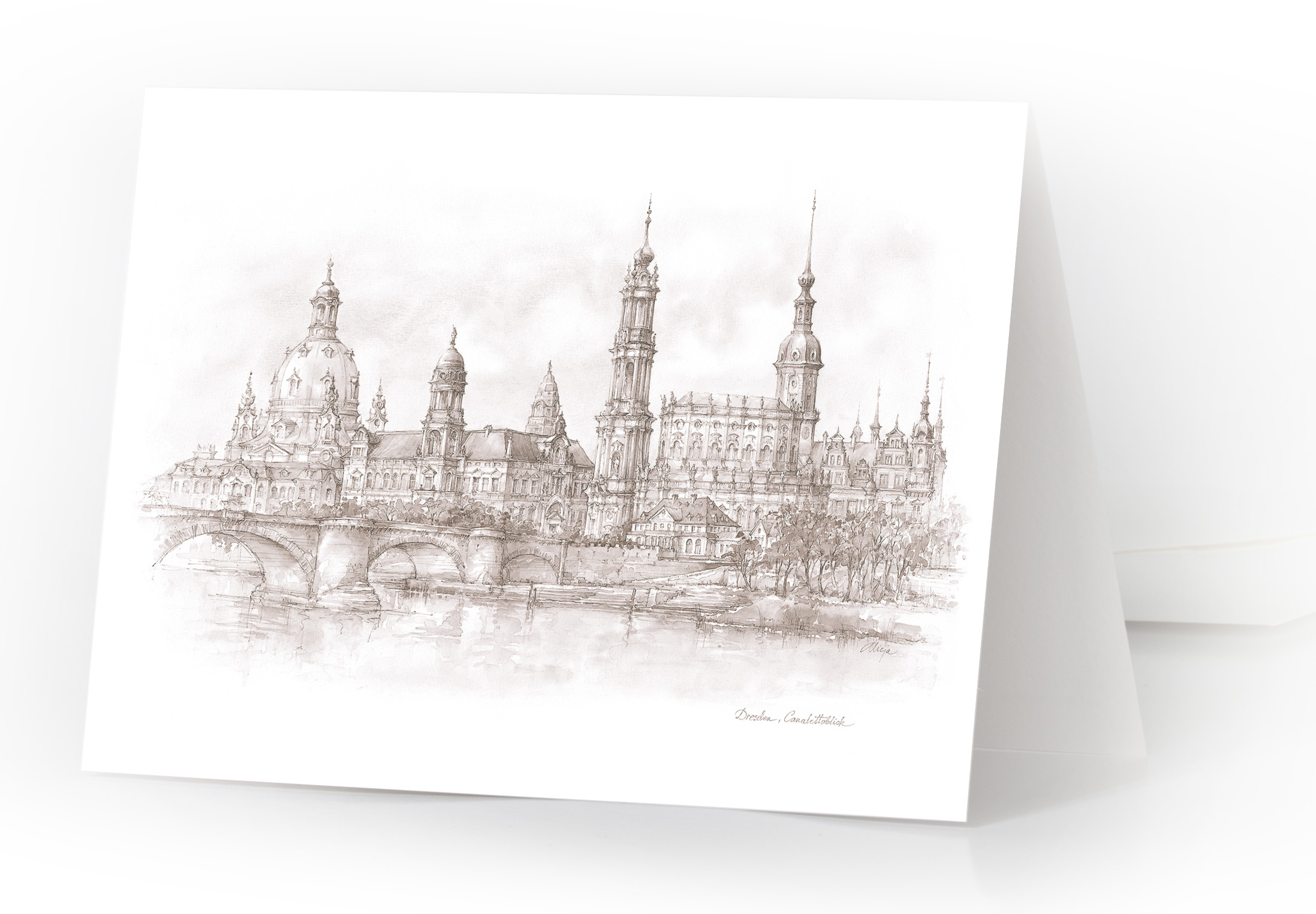 Aquarellkarte Dresden – Canalettoblick (Schwarz-Weiß)