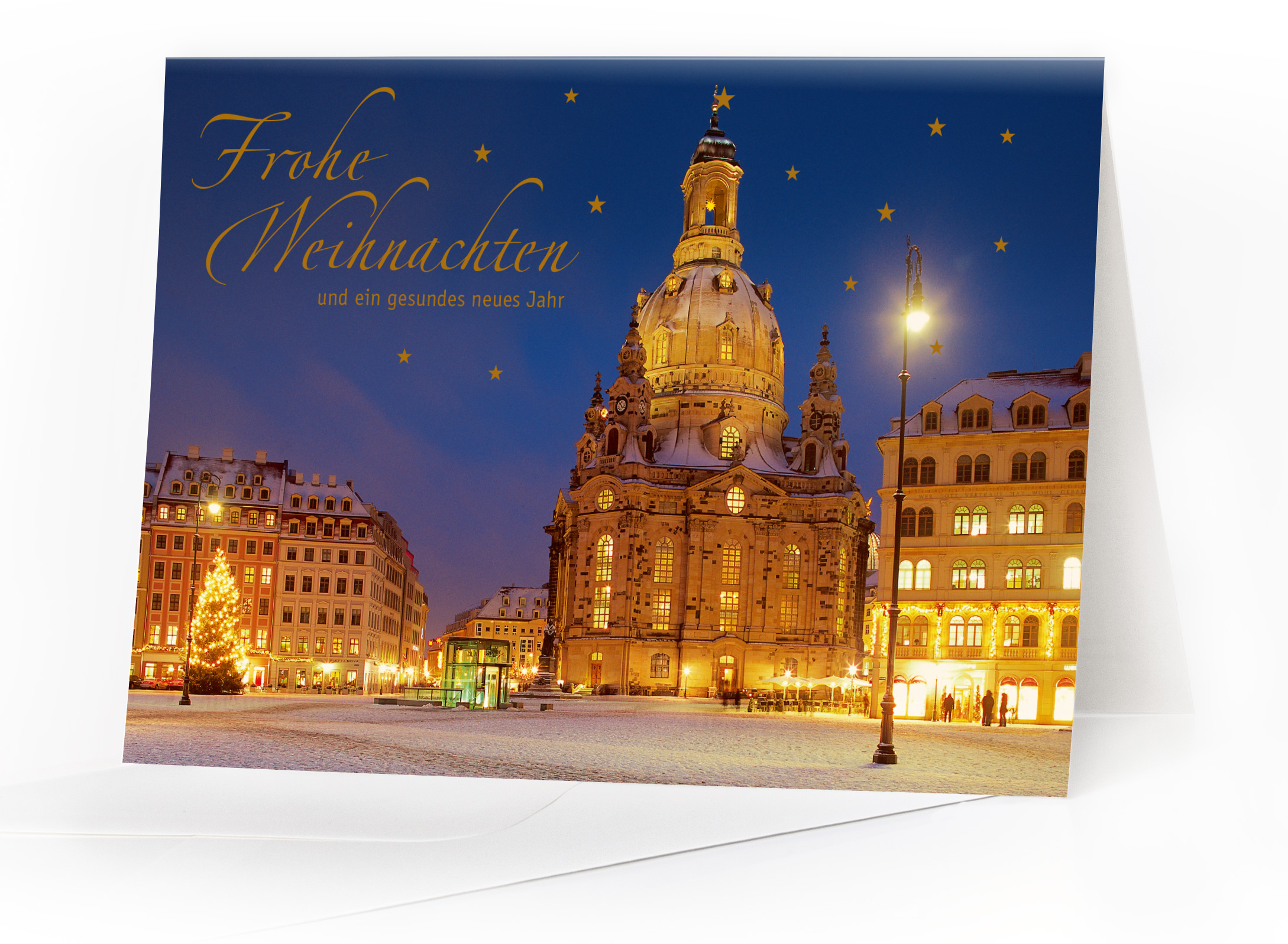 Weihnachtskarte Dresden – Frauenkirche am Neumarkt mit Goldfolienprägung