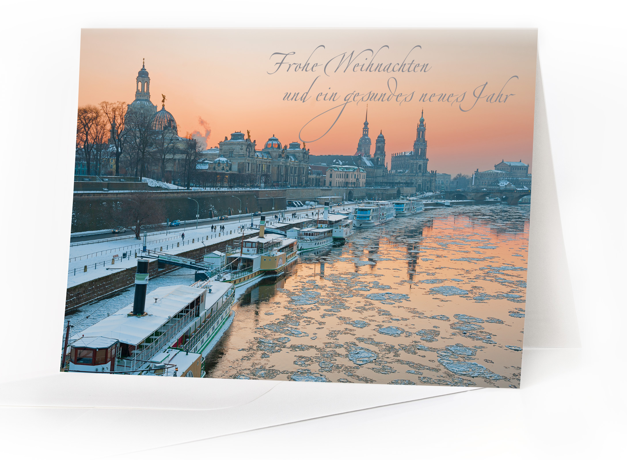 Weihnachtskarte Dresden – Altstadtpanorama mit Silberfolienprägung